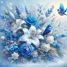 Lade das Bild in den Galerie-Viewer, Blaue Blumen Vögel-Voll Round Diamond Painting-40x40cm
