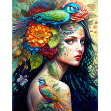 Lade das Bild in den Galerie-Viewer, Persönlichkeit Blumenmädchen Vogel zurück - Vollbild Diamond Painting
